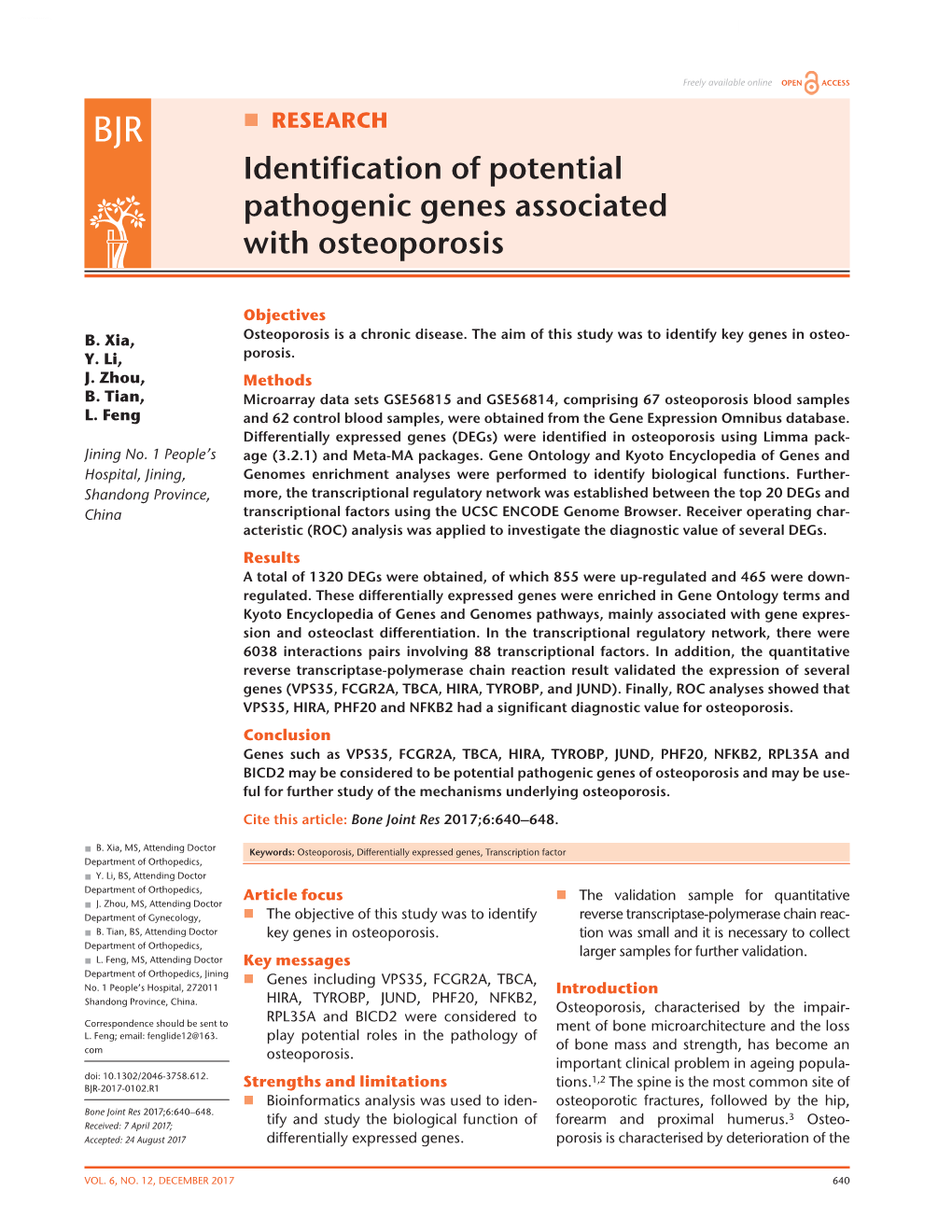 Identification of Potential Pathogenic Genes Associated with Osteoporosis