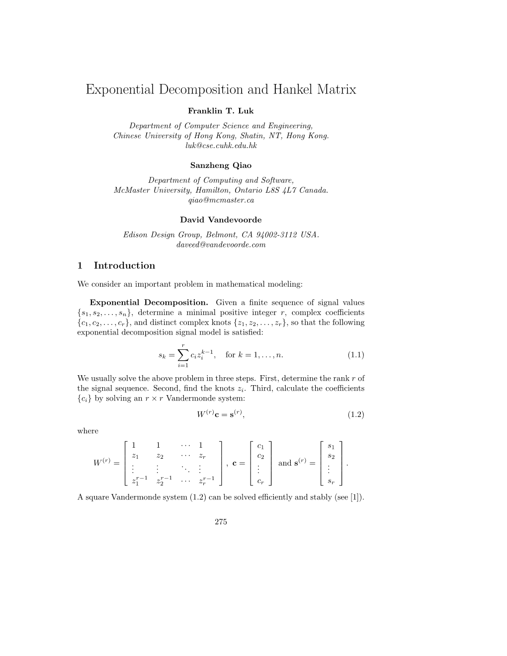 Exponential Decomposition and Hankel Matrix