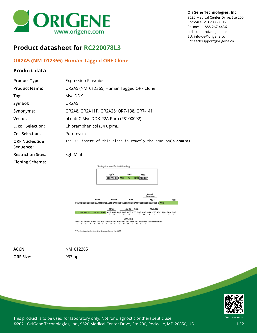 OR2A5 (NM 012365) Human Tagged ORF Clone – RC220078L3