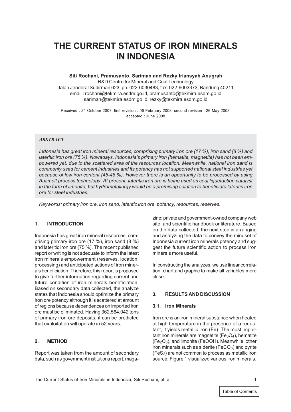 The Current Status of Iron Minerals in Indonesia