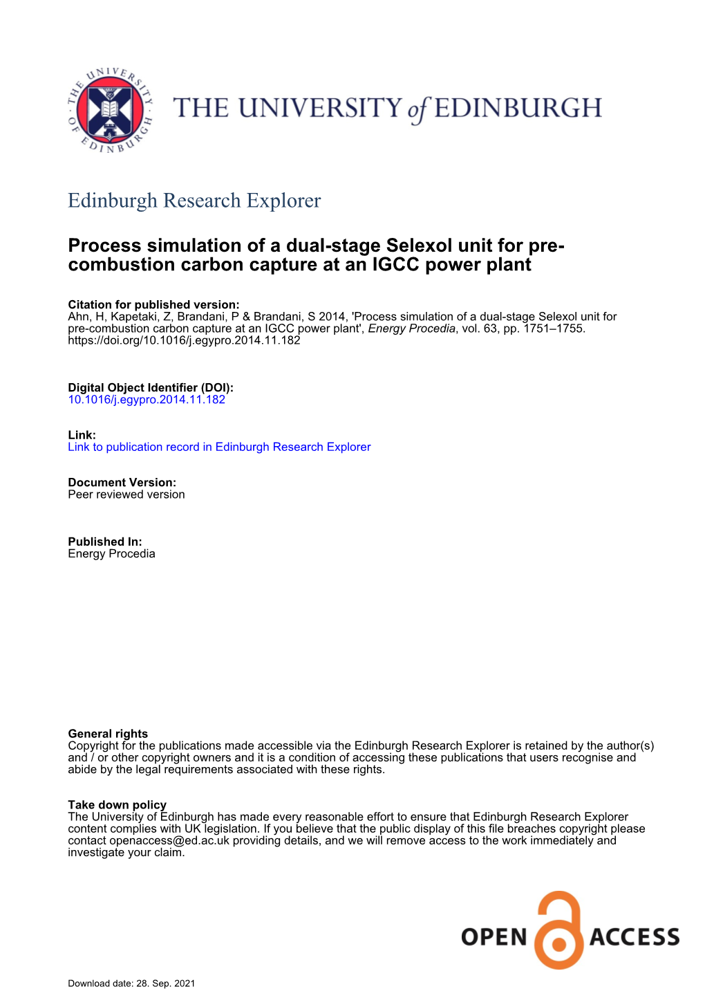 Process Simulation of a Dual-Stage Selexol Unit for Pre-Combustion Carbon Capture at an IGCC Power Plant', Energy Procedia, Vol