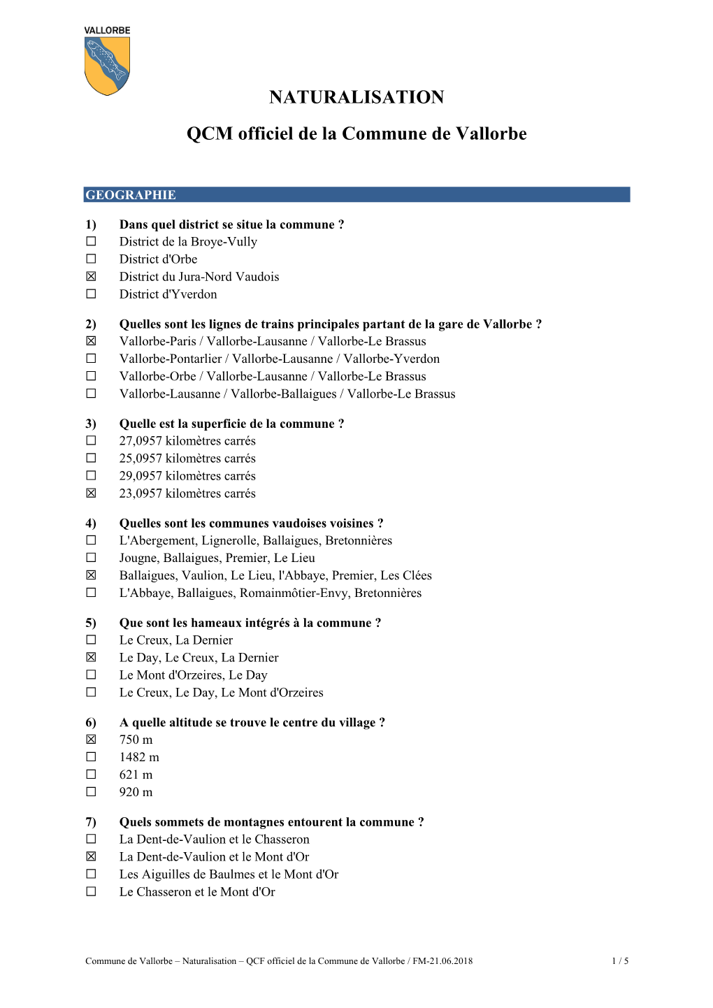 NATURALISATION QCM Officiel De La Commune De Vallorbe