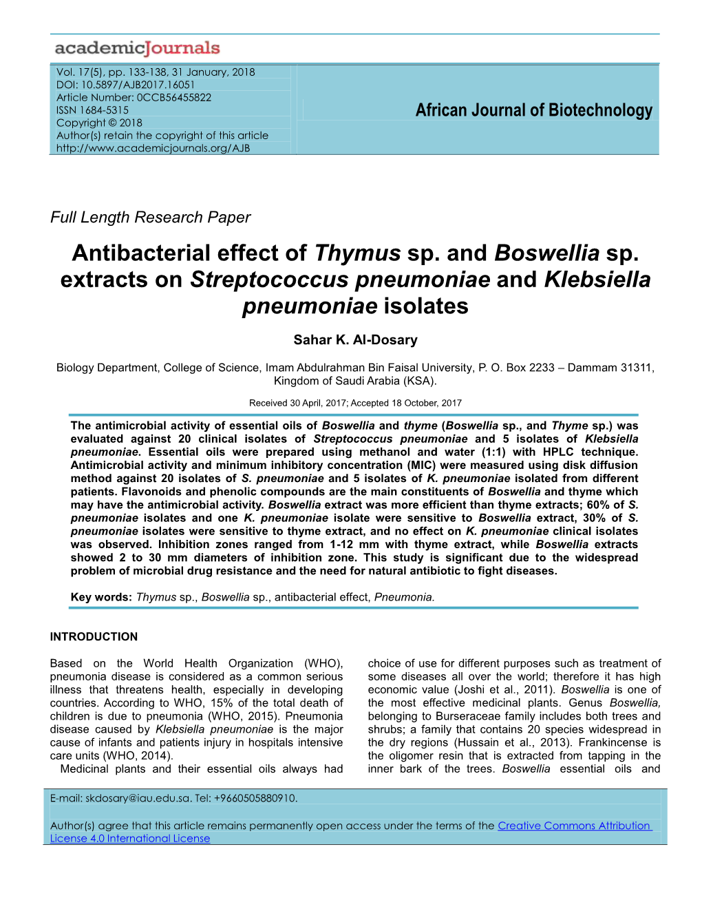 Antibacterial Effect of Thymus Sp. and Boswellia Sp. Extracts on Streptococcus Pneumoniae and Klebsiella Pneumoniae Isolates