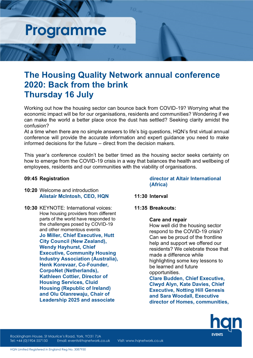 The Housing Quality Network Annual Conference 2020: Back from the Brink Thursday 16 July