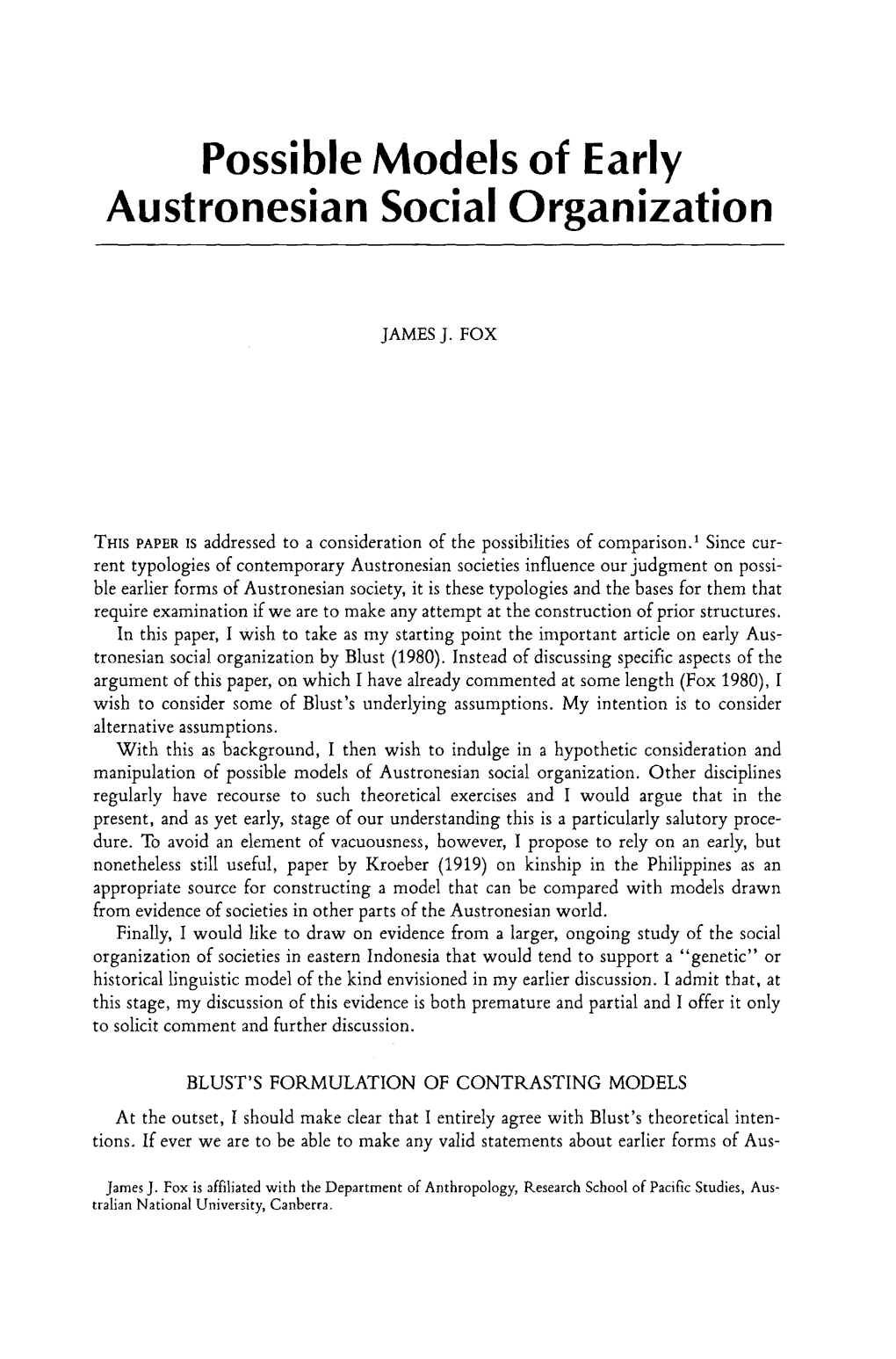 Possible Models of Early Austronesian Social Organization