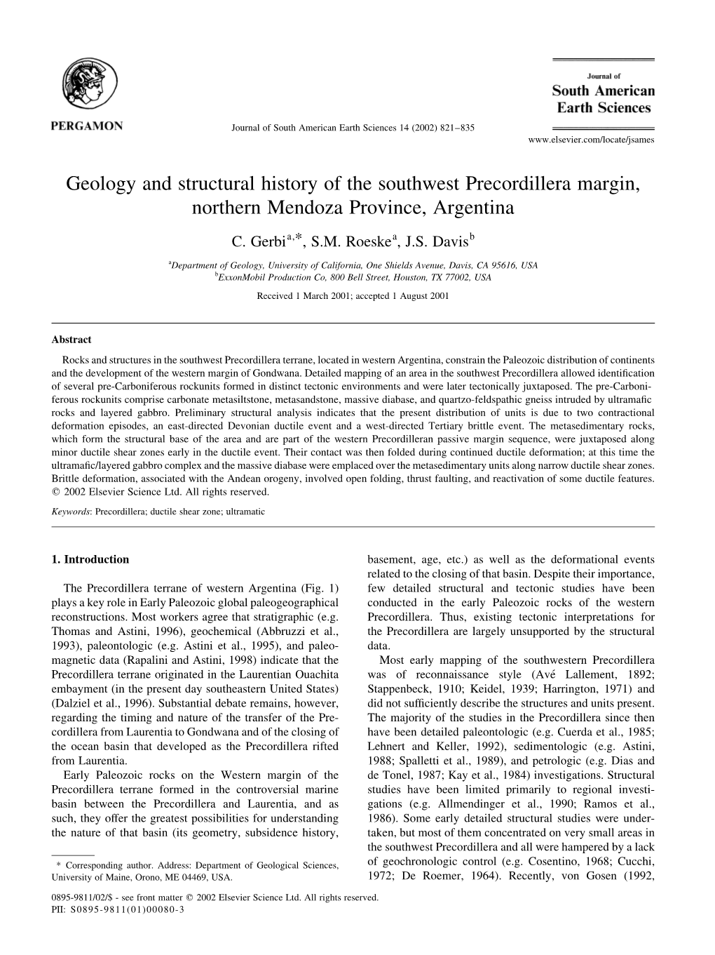 Geology and Structural History of the Southwest Precordillera Margin, Northern Mendoza Province, Argentina