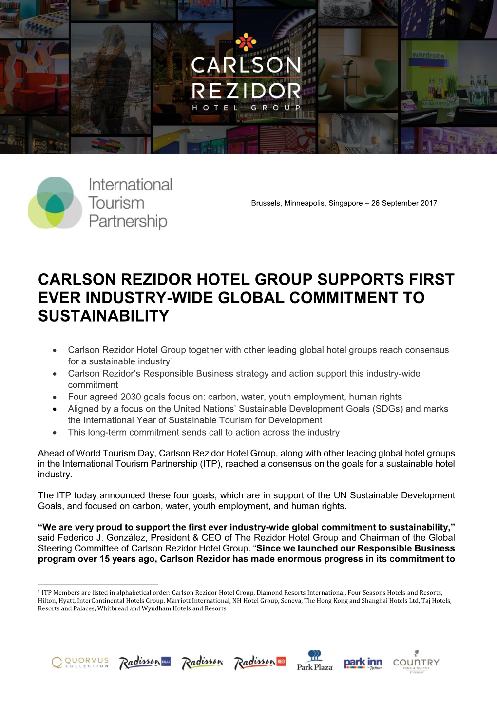 Carlson Rezidor Hotel Group Supports First Ever Industry-Wide Global Commitment to Sustainability