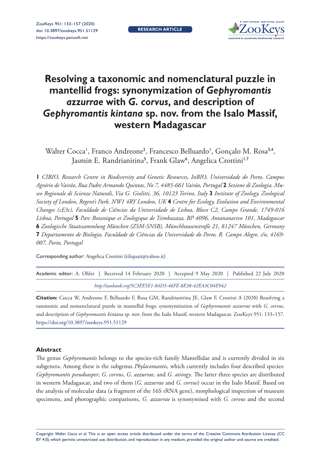 Resolving a Taxonomic and Nomenclatural Puzzle in Mantellid Frogs: Synonymization of Gephyromantis Azzurrae with G