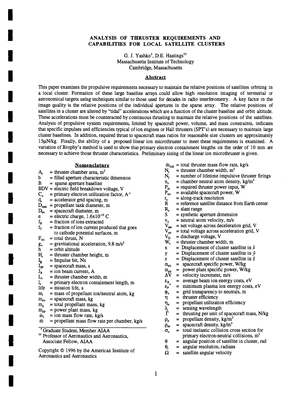 Analysis of Thruster Requirements and Capabilities for Local Satellite Clusters