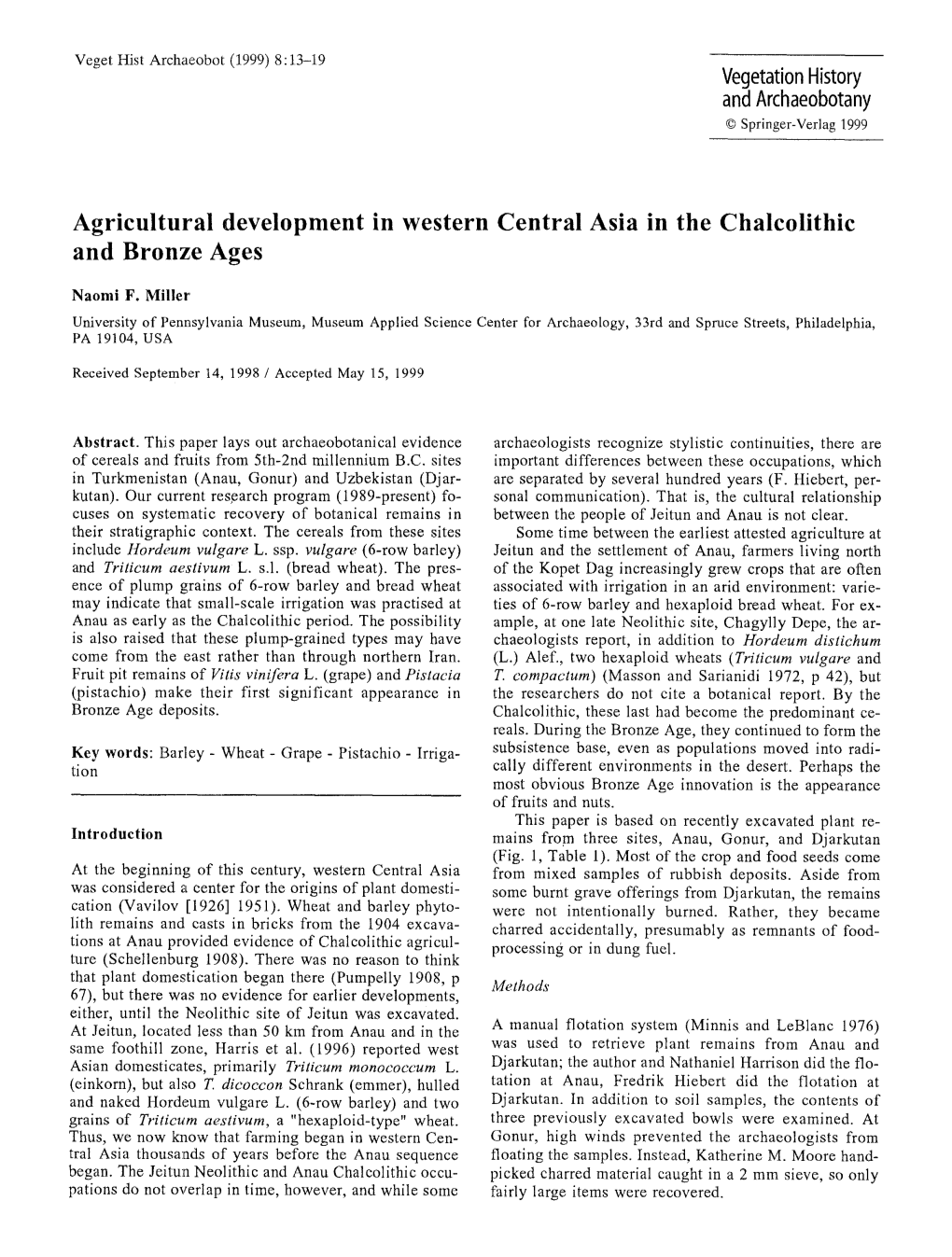 Agricultural Development in Western Central Asia in the Chalcolithic and Bronze Ages