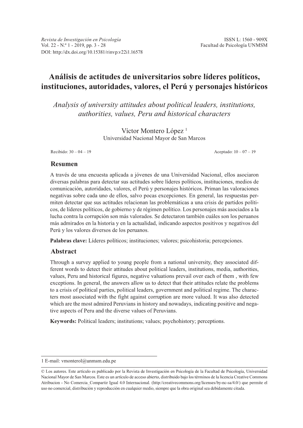 Análisis De Actitudes De Universitarios Sobre Líderes Políticos, Instituciones, Autoridades, Valores, El Perú Y Personajes Históricos