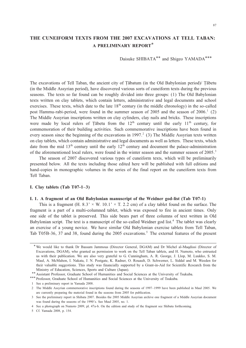 The Cuneiform Texts from the 2007 Excavations at Tell Taban: a Preliminary Report*