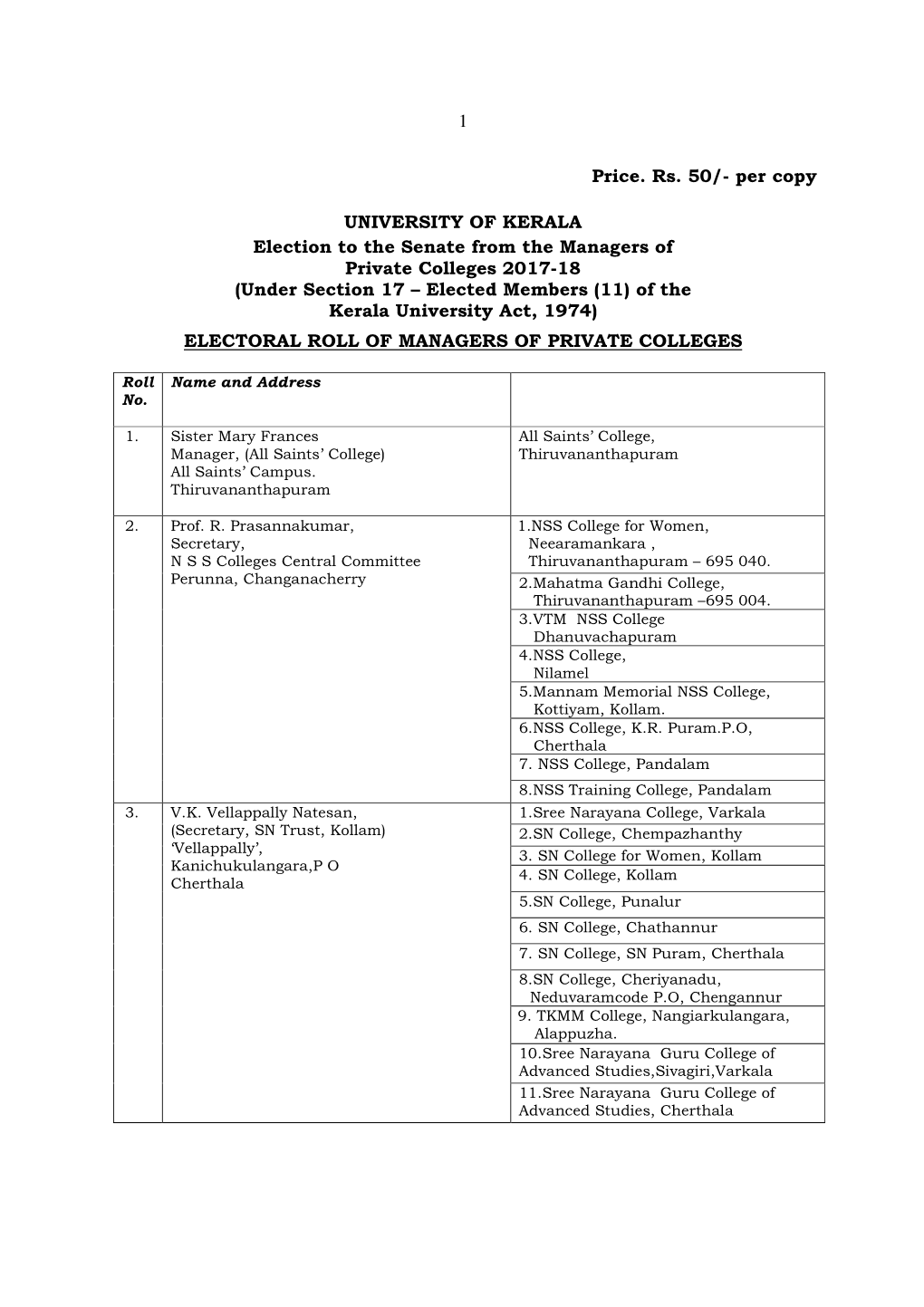 Managers of Private Colleges 2017-18 (Under Section 17 – Elected Members (11) of the Kerala University Act, 1974)