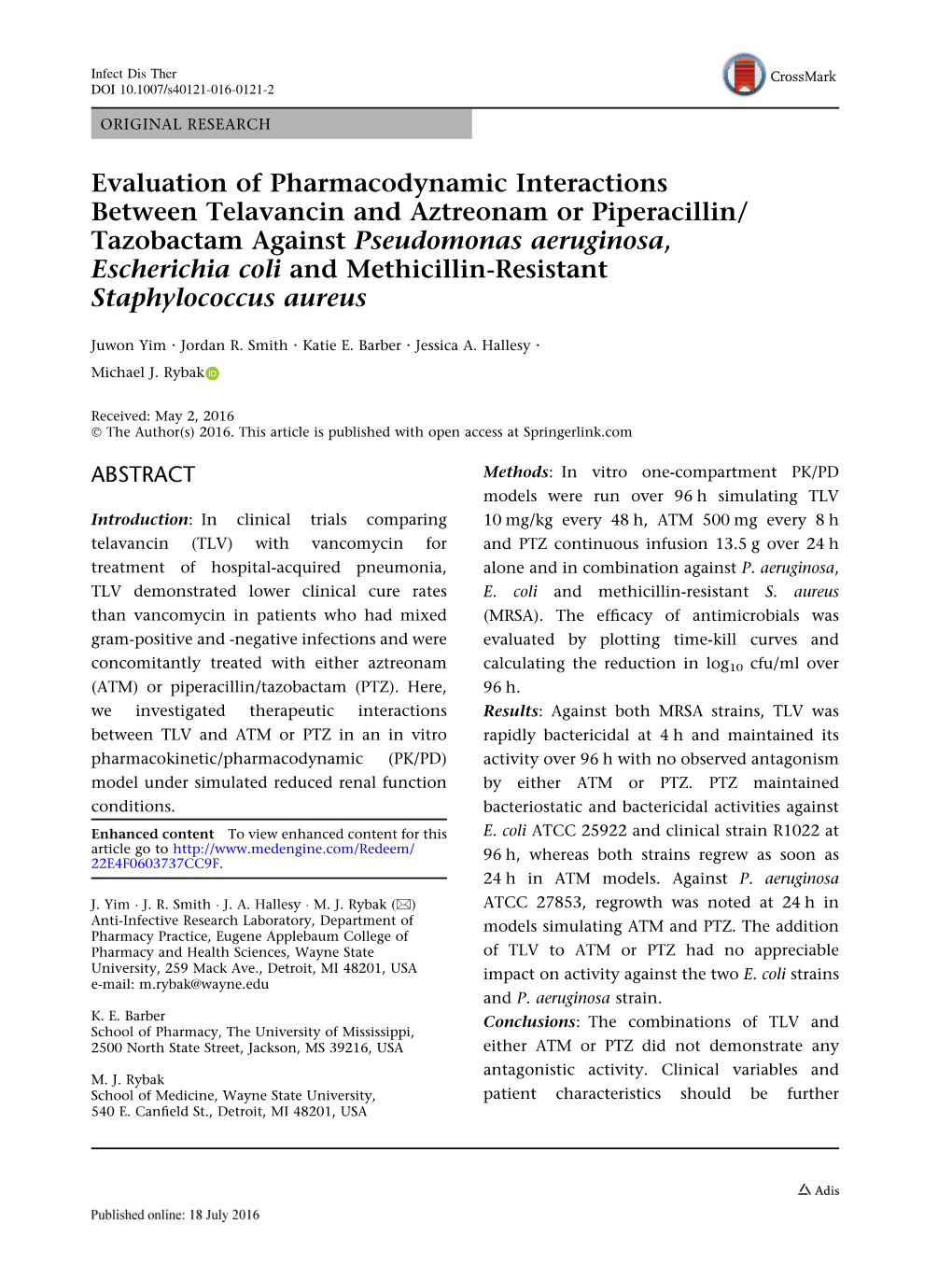 Evaluation of Pharmacodynamic Interactions Between Telavancin