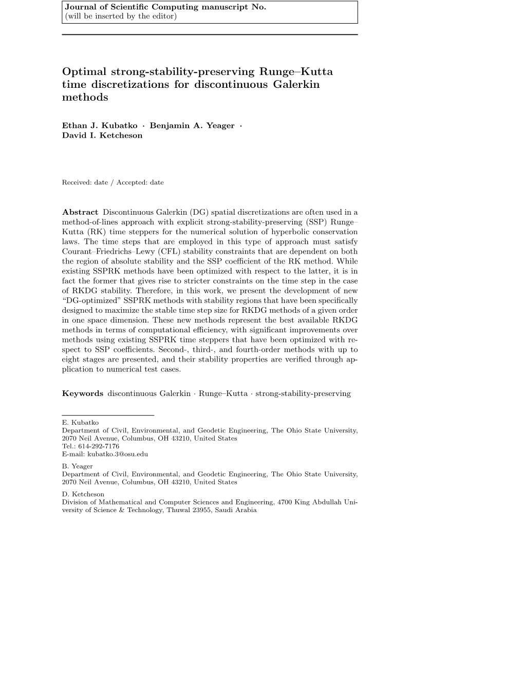 Optimal Strong-Stability-Preserving Runge–Kutta Time Discretizations for Discontinuous Galerkin Methods