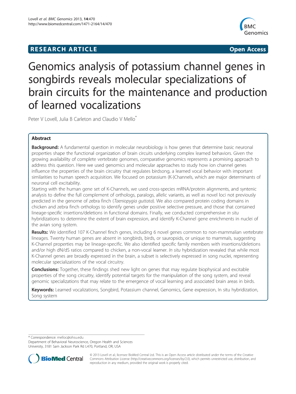 Genomics Analysis of Potassium Channel Genes in Songbirds Reveals