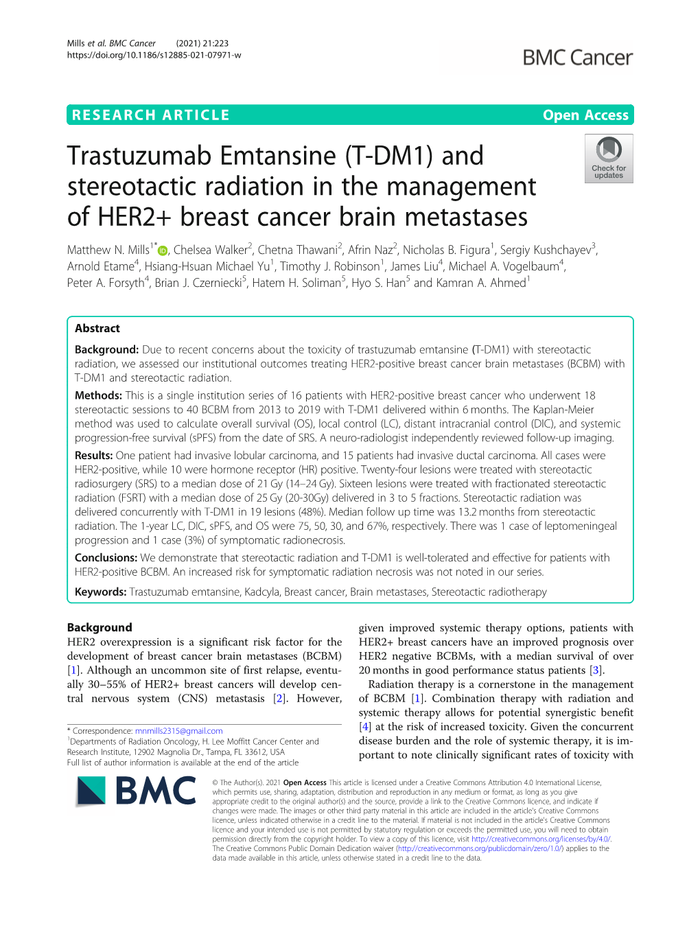 Trastuzumab Emtansine (T-DM1) and Stereotactic Radiation in the Management of HER2+ Breast Cancer Brain Metastases Matthew N