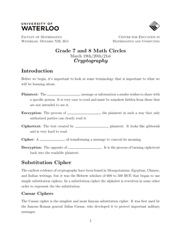 Grade 7 and 8 Math Circles Cryptography Introduction