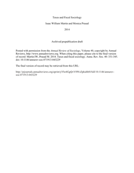 Taxes and Fiscal Sociology Isaac William Martin and Monica Prasad