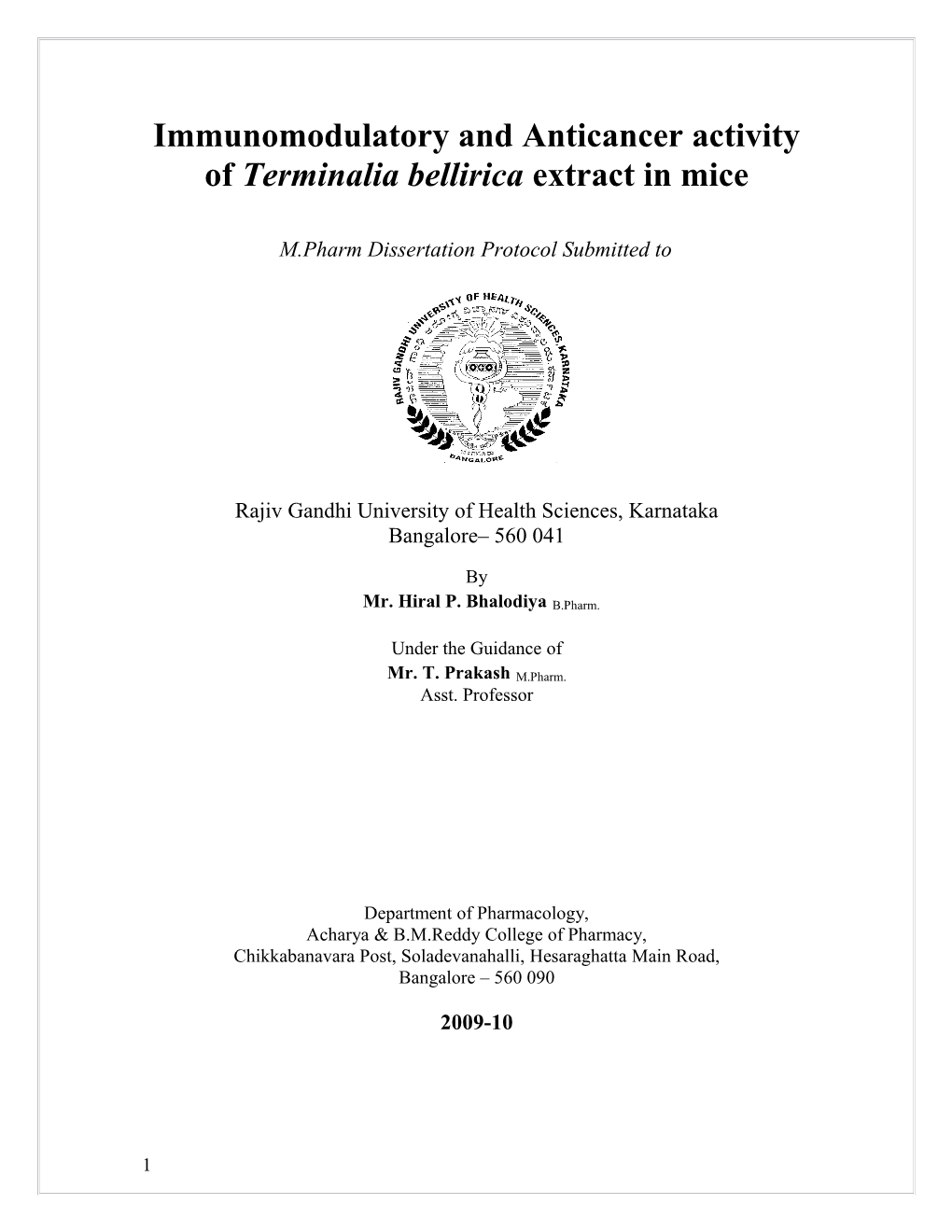 Immunomodulatory and Anticancer Activity of Terminalia Bellirica Extract in Mice