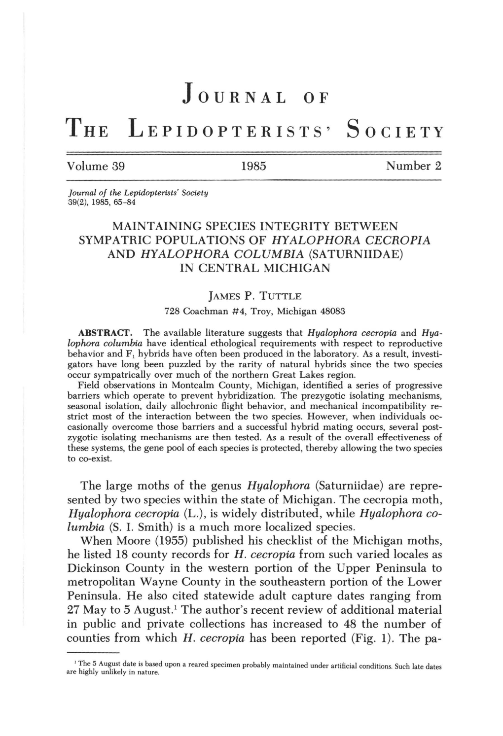 Journal of the Lepidopterists' Society 39(2), 1985, 65-84