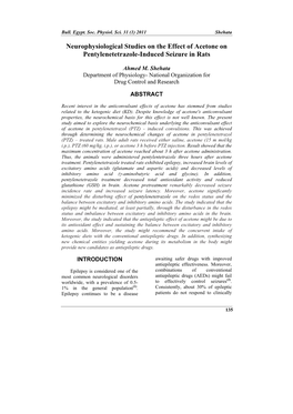 Neurophysiological Studies on the Effect of Acetone on Pentylenetetrazole-Induced Seizure in Rats