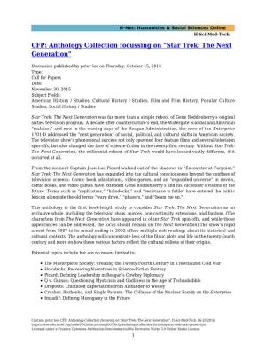 CFP: Anthology Collection Focussing on "Star Trek: the Next Generation"