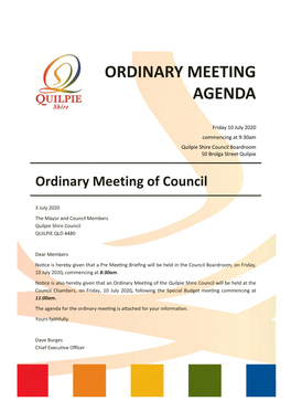 Agenda – Ordinary Meeting of Council Friday 10 July 2020
