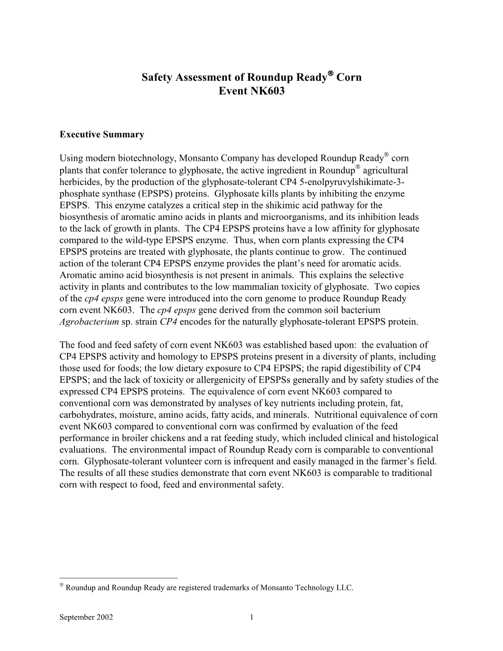 Safety Assessment of Roundup Ready Corn Event NK603