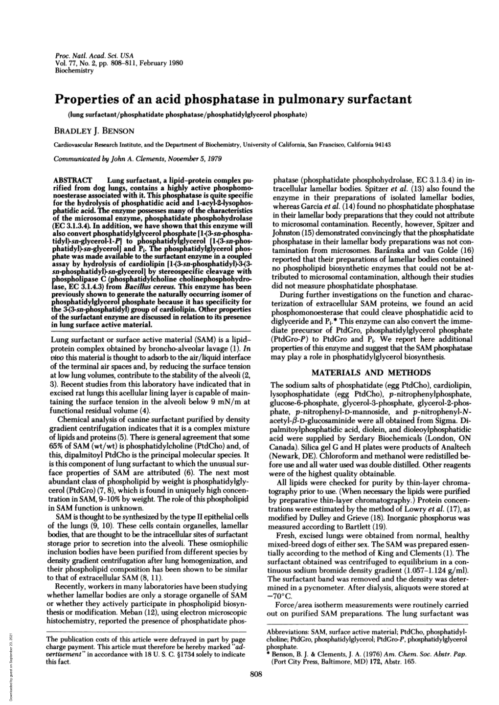 Properties of an Acid Phosphatase in Pulmonary Surfactant (Lung Surfactant/Phosphatidate Phosphatase/Phosphatidylglycerol Phosphate) BRADLEY J