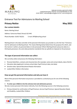 Entrance Test for Admissions to Marling School Privacy Notice May