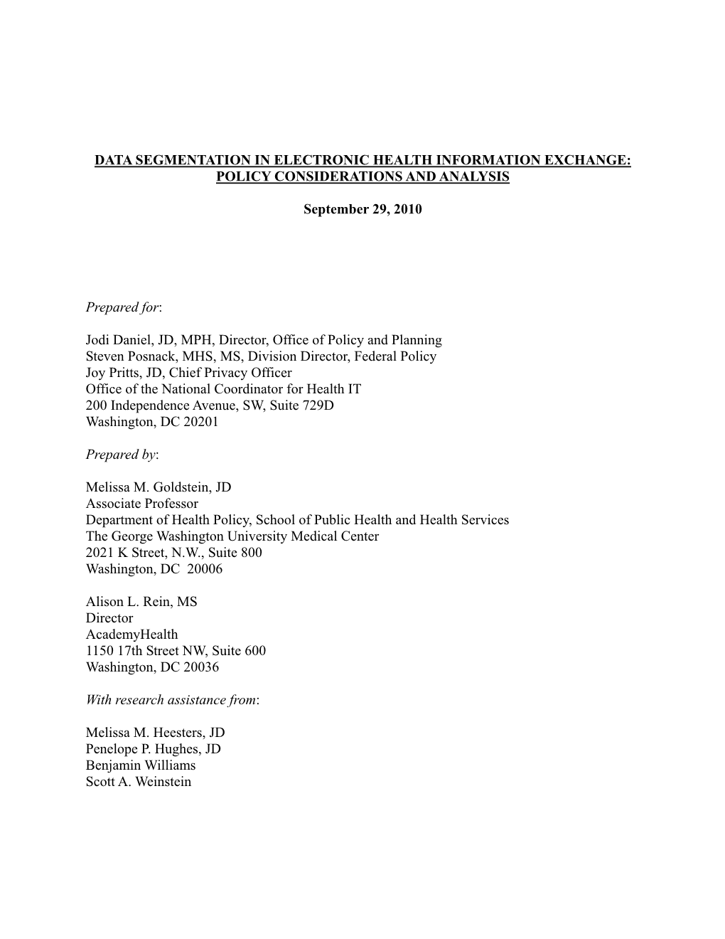 Data Segmentation in Electronic Health Information Exchange: Policy Considerations and Analysis