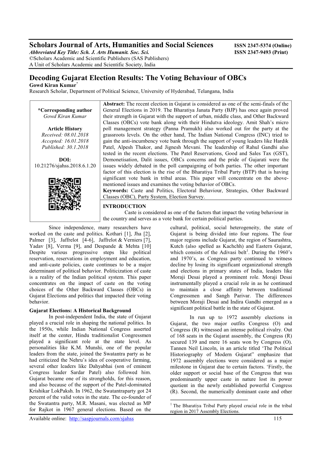 Scholars Journal of Arts, Humanities and Social Sciences Decoding Gujarat Election Results: the Voting Behaviour of Obcs
