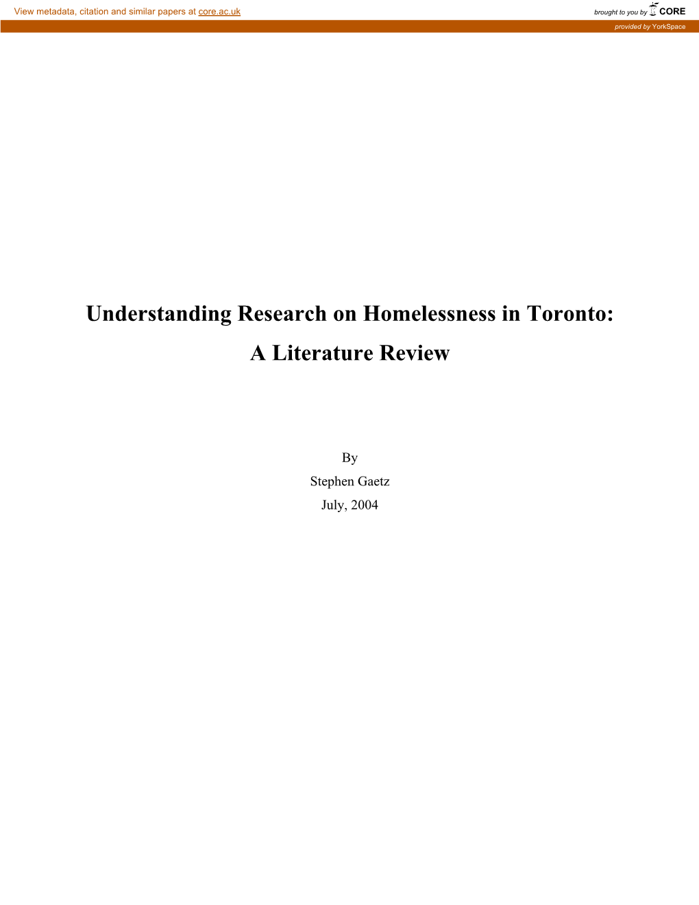 Understanding Research on Homelessness in Toronto: a Literature Review