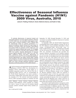 Effectiveness of Seasonal Influenza Vaccine Against Pandemic (H1N1)