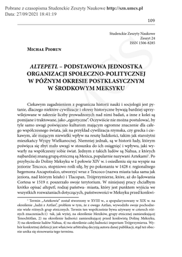 Altepetl – Podstawowa Jednostka Organizacji Społeczno-Politycznej W Późnym Okresie Postklasycznym W Środkowym Meksyku