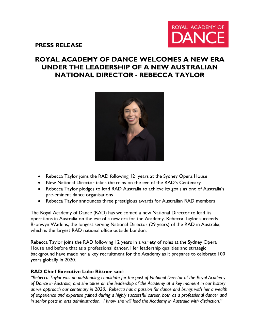 Royal Academy of Dance Welcomes a New Era Under the Leadership of a New Australian National Director - Rebecca Taylor