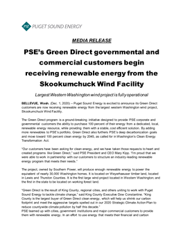 PSE's Green Direct Governmental and Commercial Customers Begin Receiving Renewable Energy from the Skookumchuck Wind Facility