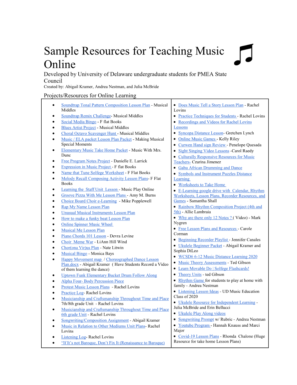 Sample Resources for Teaching Music Online