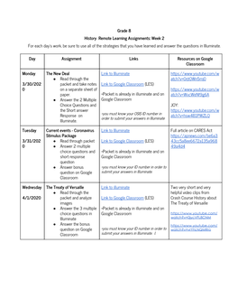 Grade 8 History Remote Learning Assignments: Week 2 for Each