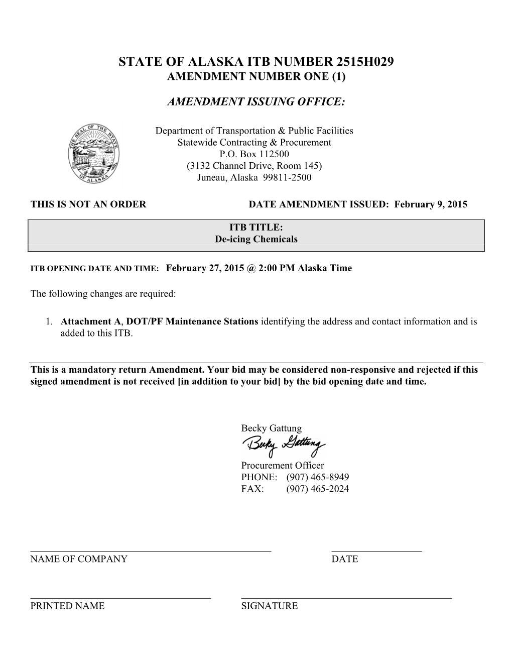 State of Alaska Itb Number 2515H029 Amendment Number One (1)