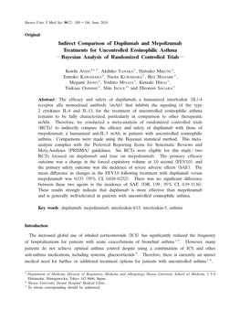 Indirect Comparison of Dupilumab and Mepolizumab Treatments for Uncontrolled Eosinophilic Asthma ―Bayesian Analysis of Randomized Controlled Trials―