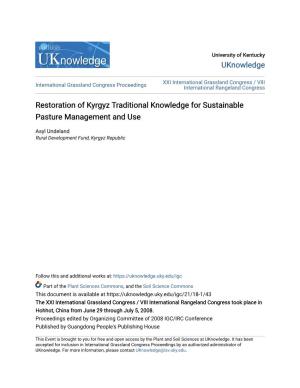 Restoration of Kyrgyz Traditional Knowledge for Sustainable Pasture Management and Use