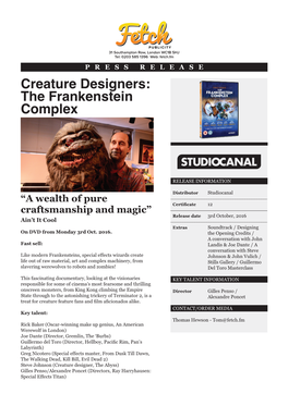 Creature Designers- the Frankenstein Complex Press Release.Indd