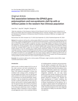 Original Article the Association Between the EPHA3 Gene Polymorphism and Non-Syndromic Cleft Lip with Or Without Palate in the Western Han Chinese Population