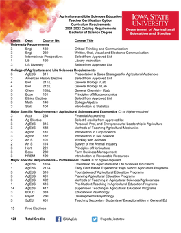 Agriculture and Life Sciences Education Teacher Certification Option Curriculum Requirements 2021-2022 Catalog Requirements Bachelor of Science Degree