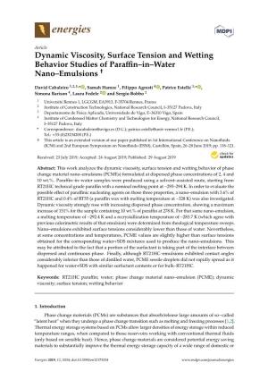 Dynamic Viscosity, Surface Tension and Wetting Behavior Studies of Paraﬃn–In–Water † Nano–Emulsions