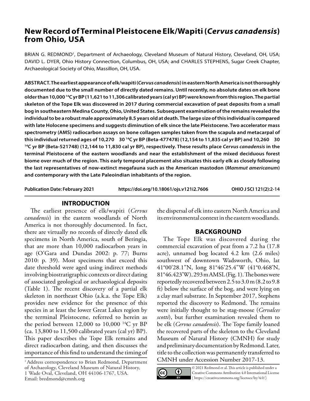 New Record of Terminal Pleistocene Elk/Wapiti (Cervus Canadensis) from Ohio, USA