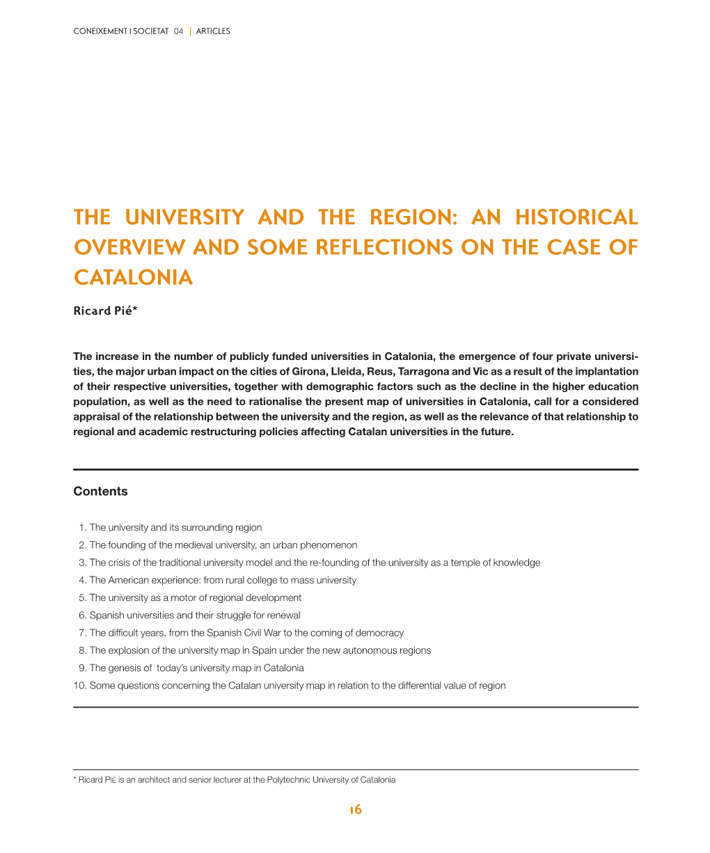 The University and the Region: an Historical Overview and Some Reflections on the Case of Catalonia