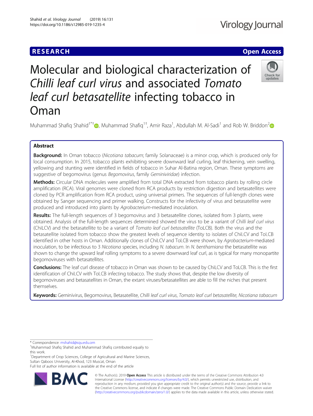 Molecular and Biological Characterization of Chilli Leaf Curl Virus and Associated Tomato Leaf Curl Betasatellite Infecting Toba